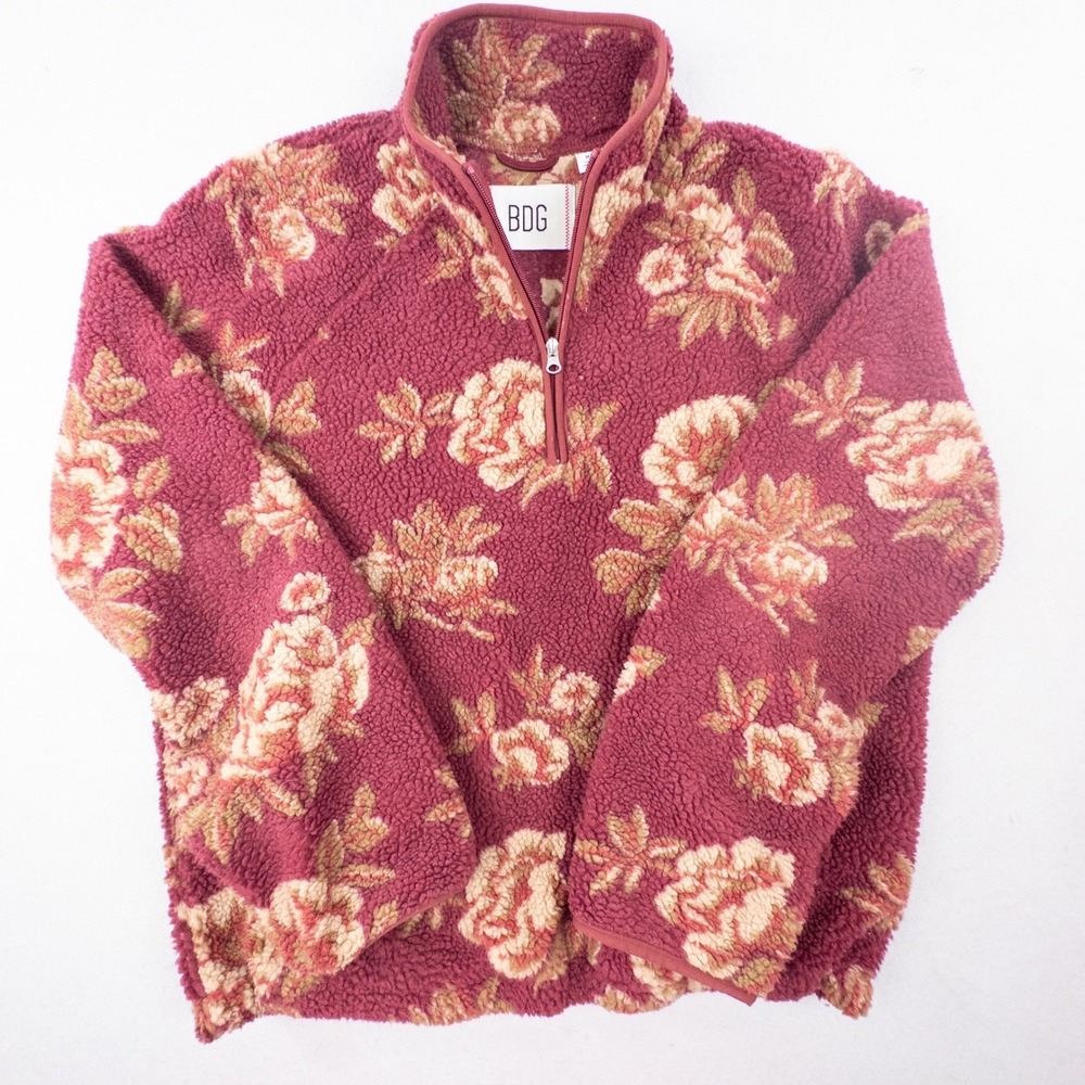 BDG Urban Outfitters Floral Fleece Quarter Zip Pullover Burgundy Roses Medium